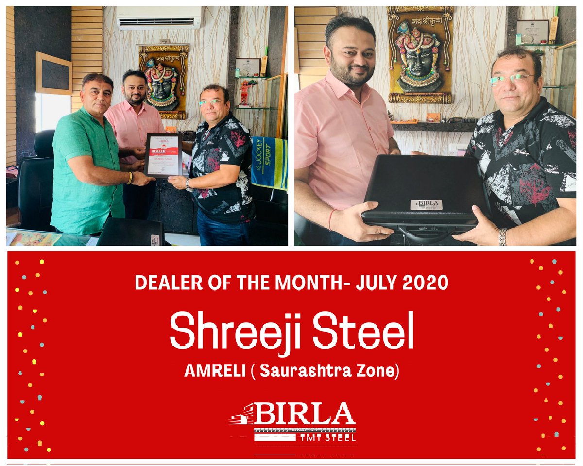 Congratulations to Sagarbhai & Sanjaybhai, partners of Shreeji Steel, Amreli for winning the award of Dealer of the Month- July 2020.

#dealerofthemonth 
#ShreejiSteel 
#BirlaTMTSteel 
#ApneDeshSaMazboot