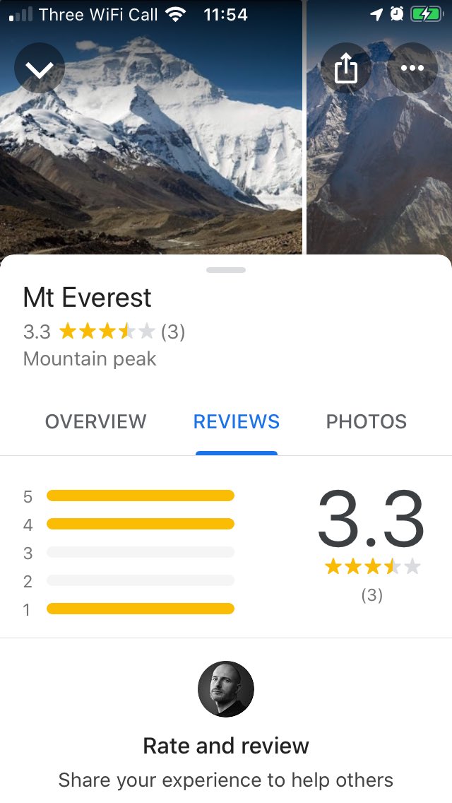 I noticed somebody reviewed Mt Everest on Google and gave it 4 stars, and now that’s all I think about.