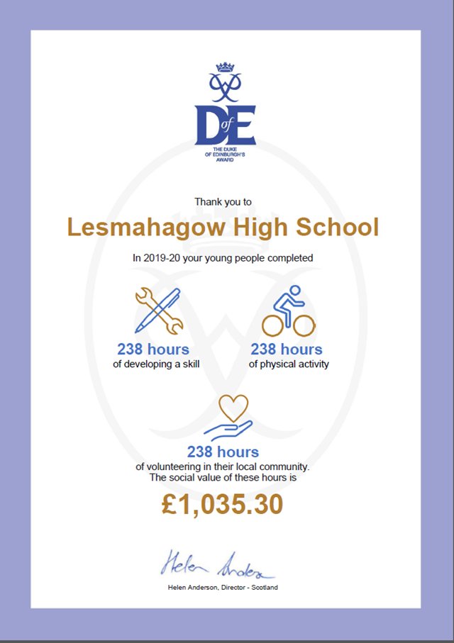 LesmahagowHigh's tweet photo. Well done to all the young people in @LesmahagowHigh who were involved.
#AspireToBeOurBest
@sldofe @DofEScotland #MakingADofEDifference https://t.co/E523IQe2nb