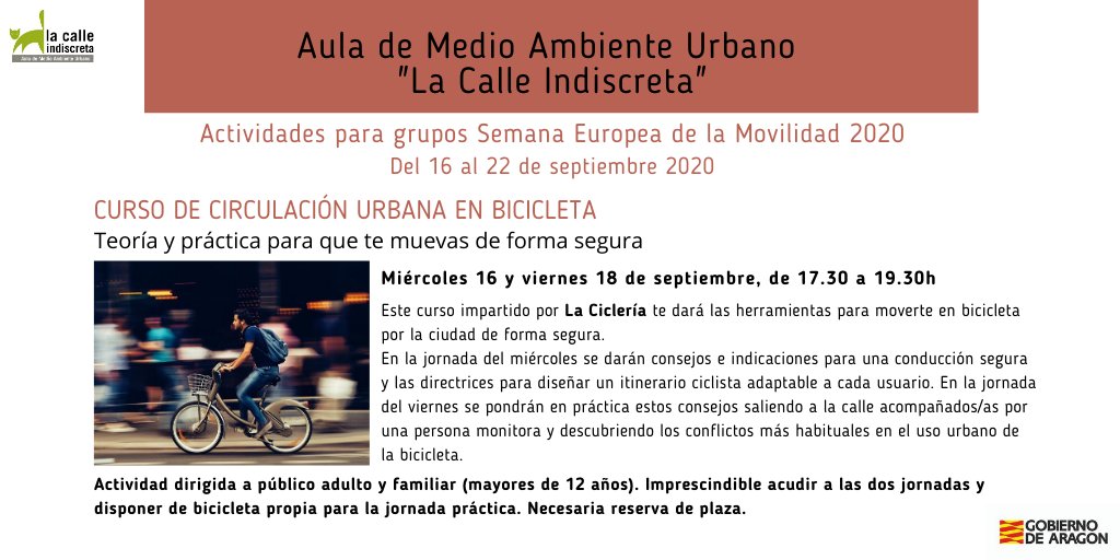 La semana europea de la movilidad sostenible #SEM2020 ya está aquí. La Ciclería estamos trabajando en diversos actos para seguir promoviendo el uso de la #bicicleta Con el Aula de Medio Ambiente Urbano de #Zaragoza 
¡Apúntate!
📞976382029
💻info@lacalleindiscreta.es
