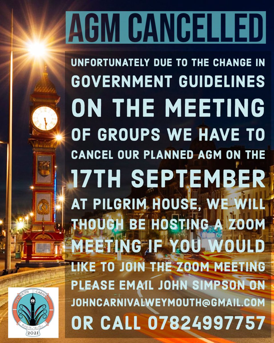 Unfortunately due to restrictions on social gatherings our AGM at Pilgrim house is now cancelled, we will though be having a Zoom meeting instead, if you’d like to join us please email John Simpson on Johncarnivalweymouth@gmail.com or call 07824997757 #Weymouth #Weymouthcarnival