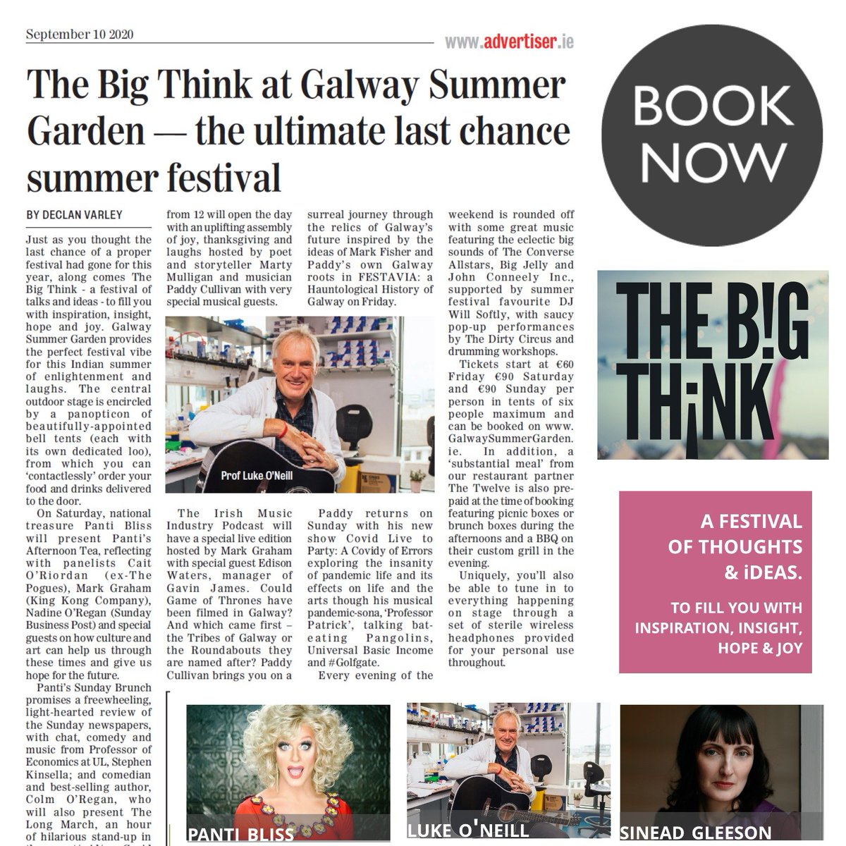 Pick up today's <a href="/galwayad/">Galway Advertiser</a> for all the info on #TheBigThink taking place Sep 18th-20th <a href="/GalwaySummer/">GalwaySummerGarden</a> Garden ~Afternoon #Talks, Evening #Music &amp; All Day Tickets Available @ galwaysummergarden.ie The Ultimate Last Chance Summer Festival! by <a href="/declanvarley/">Declan Varley</a>