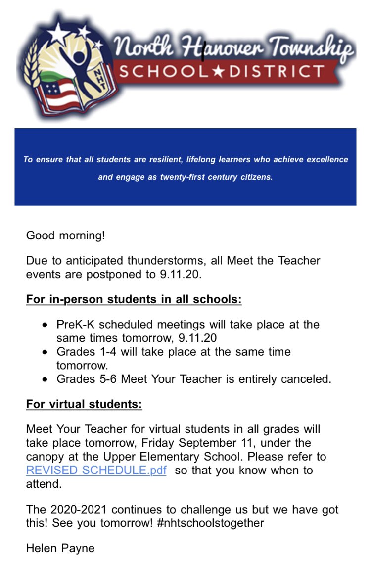 susanchiarello's tweet photo. Hello Wolf Families! Meet the Teacher is postponed until Friday, September 11th due to storms! I hope you’re still able to come on Friday! 🐺 https://t.co/PJVPFAmyvj