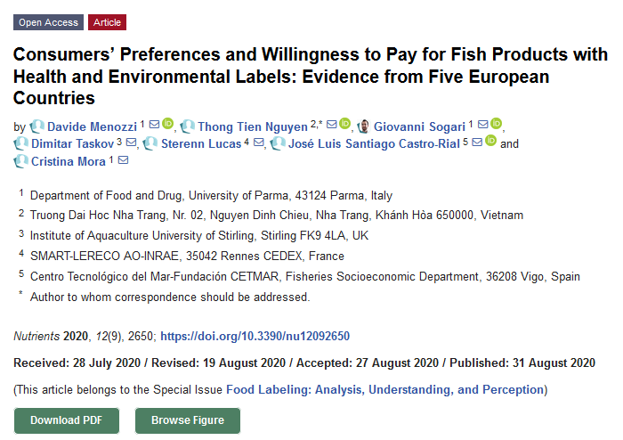 Kudos to the <a href="/Prime_Fish/">PrimeFish Project</a> team whose paper on Willingness to Pay for #fish products with sustainability and health claims has been published. More education on product labelling, among the conclusions #openaccess #H2020 ▶️mdpi.com/2072-6643/12/9…