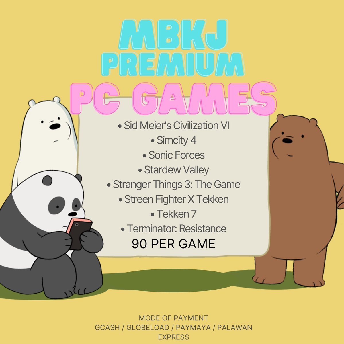 mbkjpremium's tweet photo. Tag/s:

Simcity, Sims, Sonic Forces, Stranger Things The Game, Tekken, Terminator, The Walking Dead, The Witcher, Toy Story, WWE, World War Z, Zuma, Far City, Left 4 Dead 2, Summertime Saga, Sid Meier's Civilization, Stardew Valley, Street Fighter, The Elder Scrolls, Thimbleweed https://t.co/RsHhga2r9Z