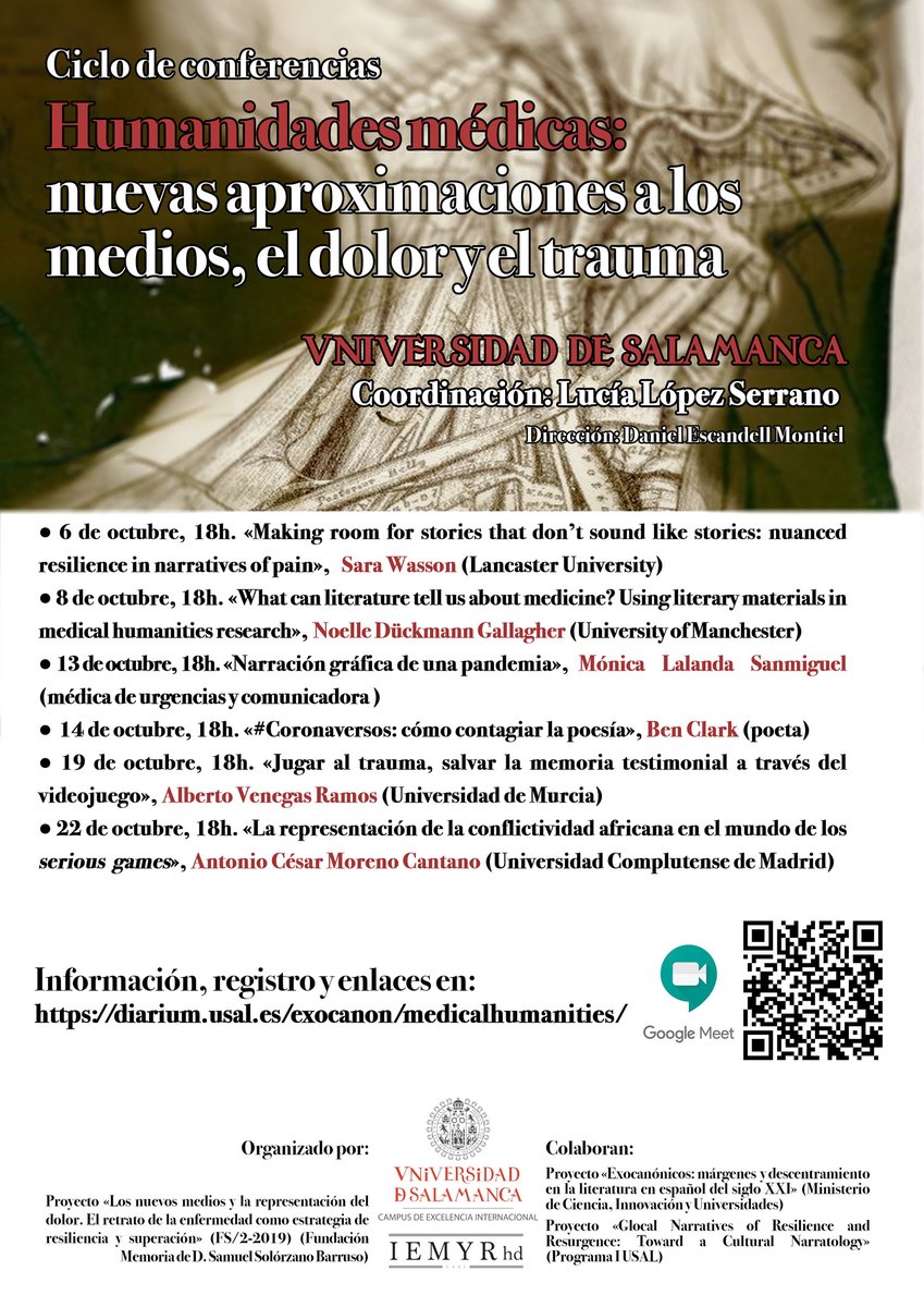 LuciaSR94's tweet photo. Don't miss this #MedHums folks! We have organized a series of lectures on topics related to the Medical and Health Humanities for the month of October. Some of them will be held in English and some in Spanish, and you can join us in google meet or follow in streaming. https://t.co/6tiuYIbCAb