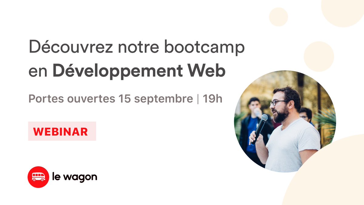 Tu souhaites rejoindre la prochaine session en développement web et tu as quelques questions ?

Participe mardi 15 septembre à notre soirée portes ouvertes à distance. L'équipe pédagogique du Wagon te fera découvrir le programme de la formation 🔥

RSVP 👉 lew.ag/JPO-wdev-sept