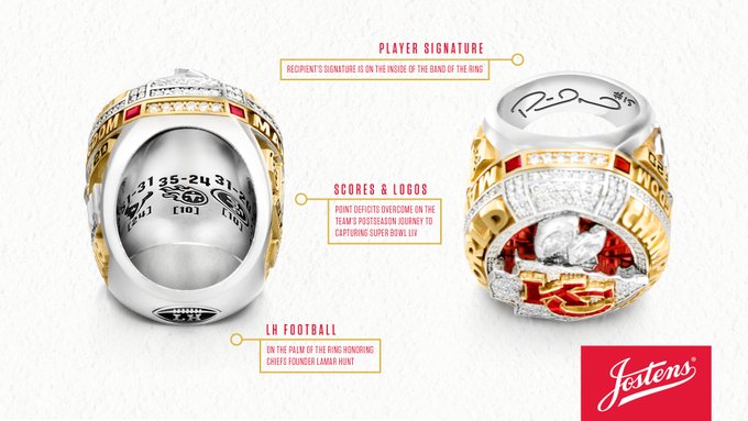 FOS's tweet photo. Ahead of tonight's NFL season opener, here's a look at the Chiefs Super Bowl ring. 

Diamonds
➖ 9 baguette diamonds 
➖ 2 marquise diamonds
➖ 244 round diamonds

Rubies
➖ 4 baguette rubies
➖ 32 custom-cut rubies 

Total gem carat weight: 10.5 carats https://t.co/qeLaC3BnGD