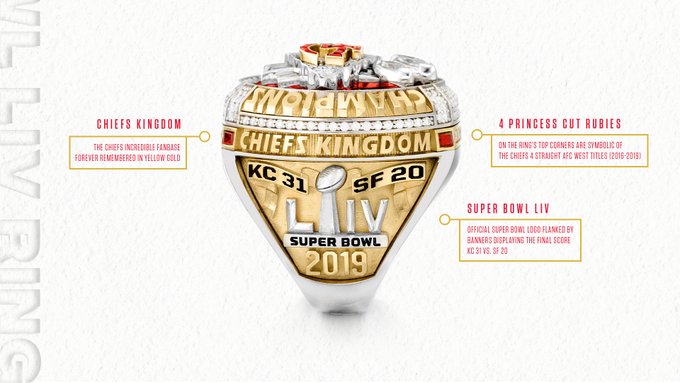 FOS's tweet photo. Ahead of tonight's NFL season opener, here's a look at the Chiefs Super Bowl ring. 

Diamonds
➖ 9 baguette diamonds 
➖ 2 marquise diamonds
➖ 244 round diamonds

Rubies
➖ 4 baguette rubies
➖ 32 custom-cut rubies 

Total gem carat weight: 10.5 carats https://t.co/qeLaC3BnGD