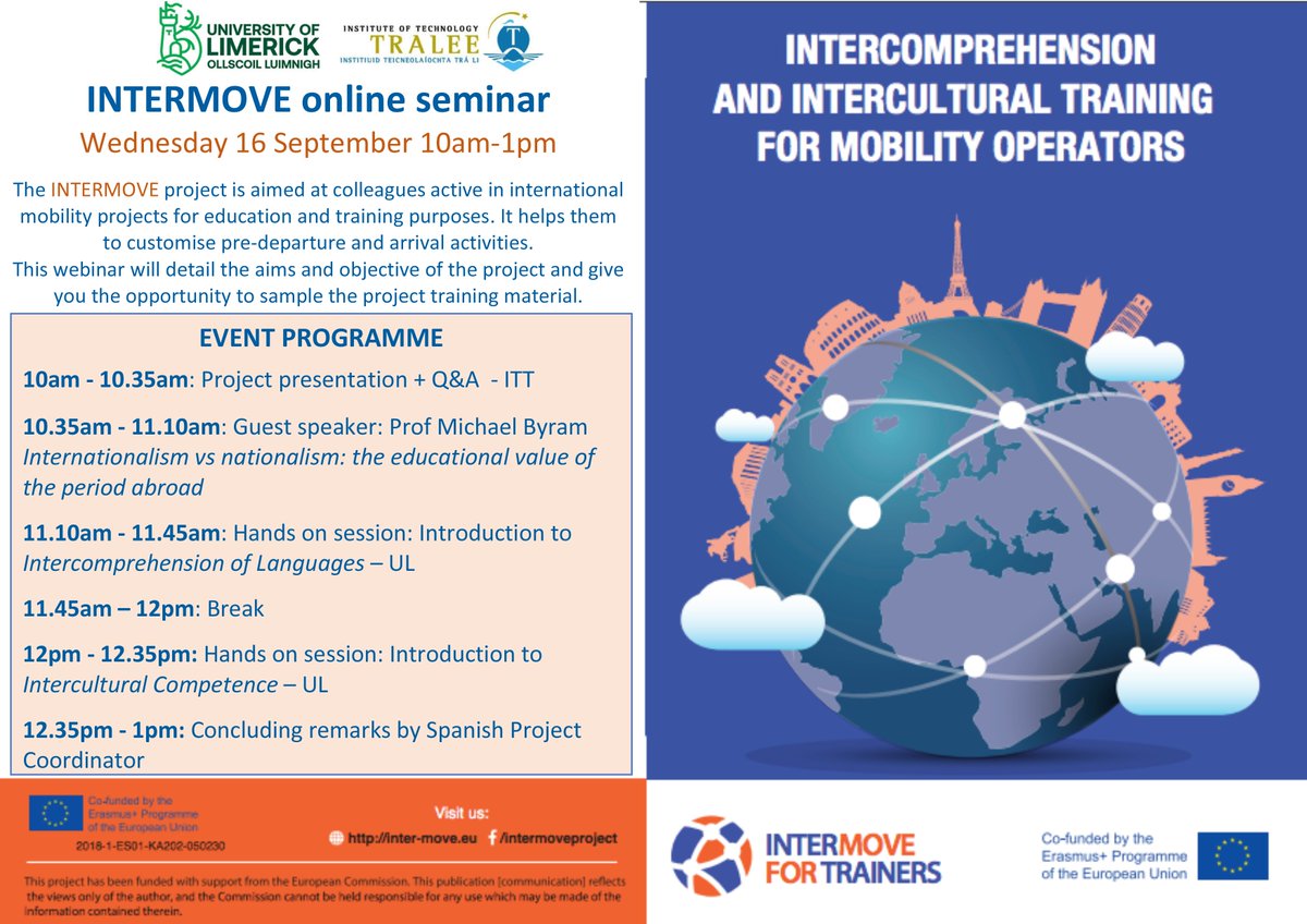 INCOMAgroup's tweet photo. We invite you to the #INTERMOVE online seminar that will take place next Wednesday, September 16th. This webinar will detail the aims and objective of the project and give
you the opportunity to sample the project training material #ErasmusPlus #Interculturality #EUproject https://t.co/OLrVYT7E8C