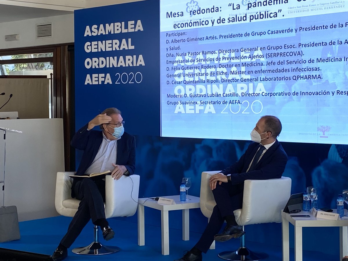 AEFALICANTE's tweet photo. #AGAEFA20 🌳Celebramos la Mesa Redonda ‘La pandemia Covid19. Un análisis económico y de salud pública’

👥Participa:
- Nuria Pastor Ramos @GrupoEsoc
- Alberto Giménez Artes @grupo_casaverde
- César Quintanilla Ripoll @qpharmalabs

👤Modera:
Gustavo Lubián Castillo @SuavinexSpain https://t.co/w2ZwwBmMHn