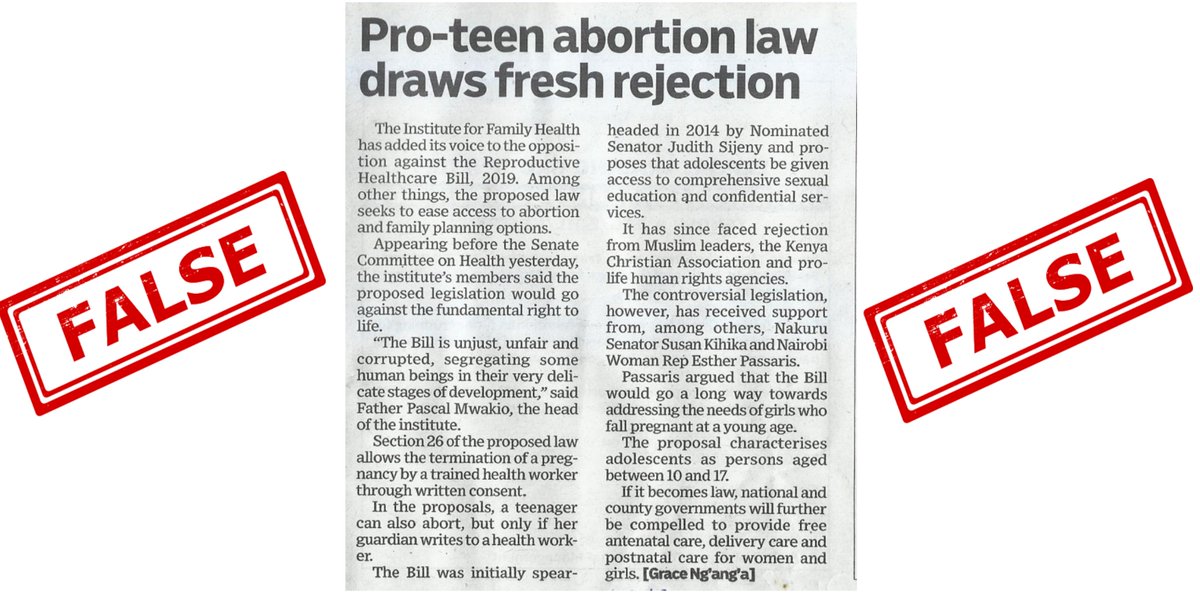 YSW_Kenya's tweet photo. False news alert! 

The article below appearing in today's @StandardKenya  reports falsely that the proposed Reproductive Healthcare Bill 2019, is designed to ease access to 'teenage abortion'. 

This assertion captured in the headline is false and misleading! https://t.co/ZKQeEmhvuB