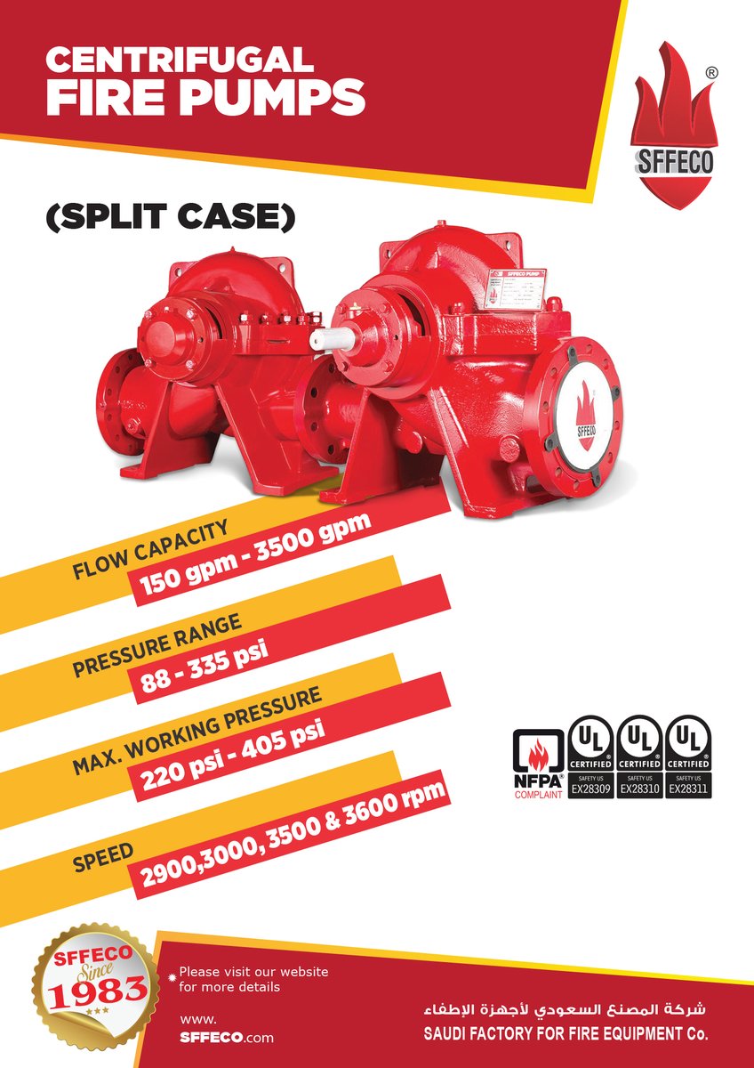 SFFECO's tweet photo. A #FirePump is any kind of pump that is part of a #FireProtection system's water supply. Various types of fire pumps are used in fire protection systems. Different types of fire pumps are: Horizontal #SplitCase, #VerticalTurbine, and #EndSuction... https://t.co/p4SVKOZZI5