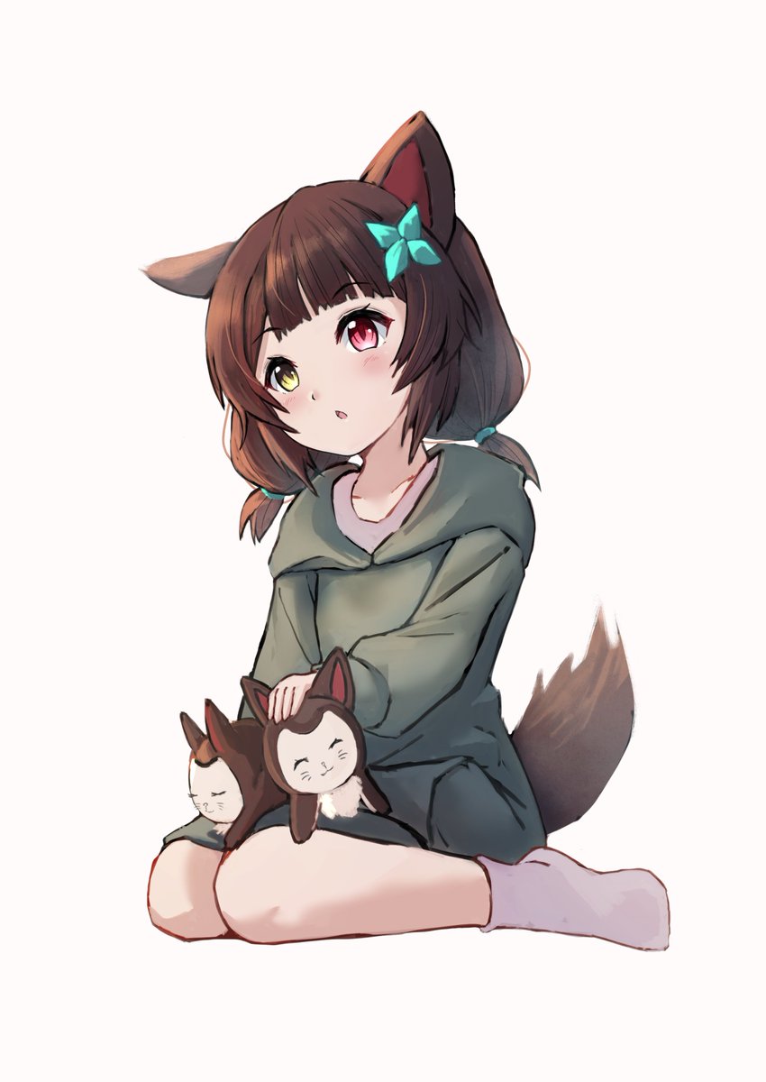 inui toko 1girl animal ears heterochromia tail brown hair twintails sitting  illustration images