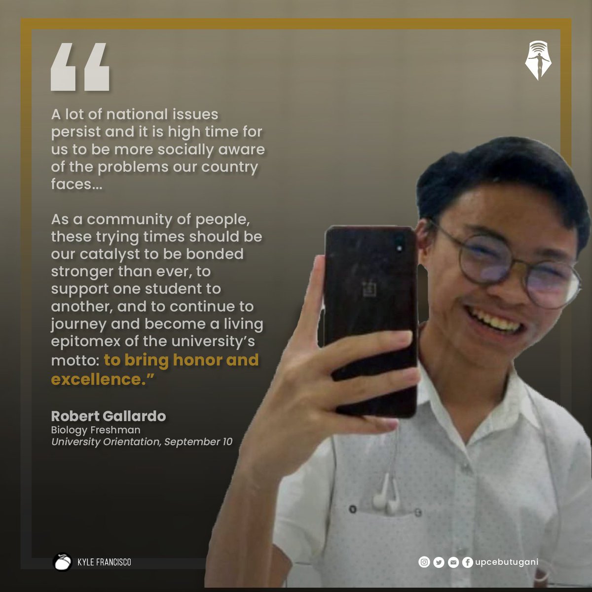 upcebutugani's tweet photo. Speaking on behalf of UP Cebu’s newest batch, biology freshman and journalist Robert Gallardo committed to upholding the school’s history of stalwart activism and, in doing so, shone a promising light for generations and student leaders to come. #FirstDayFight2020 https://t.co/7QV7jjVakJ