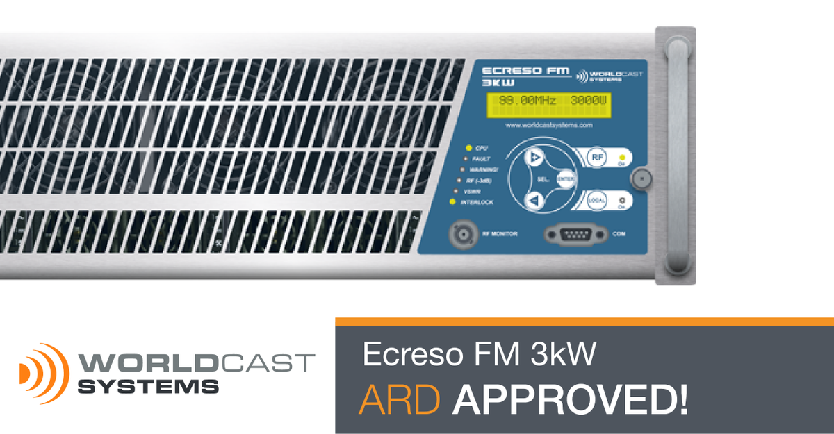 WorldCastSys's tweet photo. We are honoured that Germany's #ARD has approved our #Ecreso FM 3kW for use within the network of German public broadcasters!
https://t.co/etbGiU8uQz
#FMradio #highestefficiency #stayonair #fmbroadcast https://t.co/aAtv4iqGyK