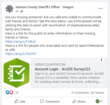 CEDRdigital's tweet photo. Are you missing someone? Are you safe? Please help #JacksonCountyOR Officials know.
To report missing loved ones: https://t.co/KpwB9rk9z4
To report yourselves as safe: https://t.co/bZbmRZAarp
County :link:: https://t.co/7KjkxxzIeH
#AlmedaFire #Medford, #OR https://t.co/q0EDxZgwGu