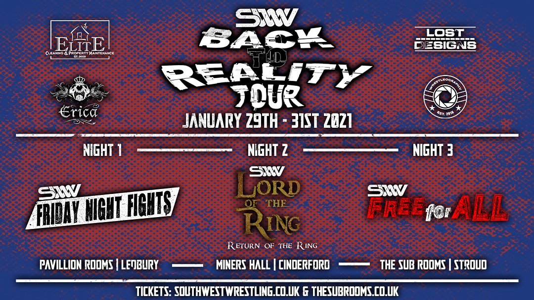 swwwrestling's tweet photo. BACK TO REALITY TOUR 2021
Night 1 | Jan 29th | Friday Night Fights
Night 2 | Jan 30th | Lord of the Ring: Return of the Ring
Night 3 | Jan 31st | Free For All
#SWW #BiggerBetter #WeShallNotBeMoved #BackToRealityTour #FNF #LOTRTournament #FreeForAll #FreeForAllRumble https://t.co/nLOMDJ4Kw4