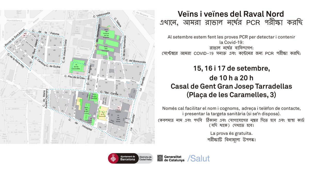TotRaval's tweet photo. 📌La setmana que ve es faran proves PCR al Raval Nord a persones no malaltes per detectar casos asimptomàtics!
🗓️Del 15 al 17 de setembre, de 10h a 20h
🏠Casal de Gent Gran Josep Tarradellas (Pl. Caramelles, 3)
🧑‍🤝‍🧑A veïns i veïnes del Raval Nord de les zones delimitades al mapa. https://t.co/ElXsA2NnBA
