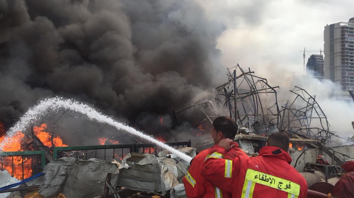 Fire department just sent me these photos from the scene of the fire in  #Beirut port. They said they’ve got around 100 men includ. fire dept, Lebanese civil defense & army battling the flames with hoses& helicopters. More here:  https://www.independent.co.uk/news/world/middle-east/beirut-fire-today-explosion-lebanon-port-update-b421441.html