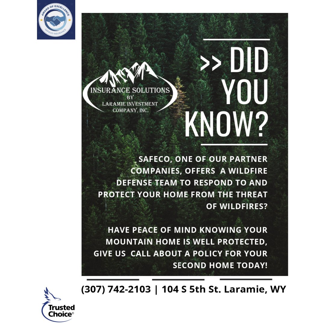 InsuranceWYO's tweet photo. #wildfireprotection #homeowners #cabininsurance #safeco #laramieinvestmentco #localagent #trustedchoice https://t.co/81esbQvT6A