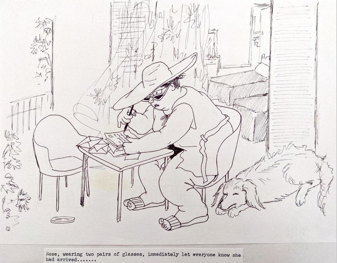 In 1978, my Dad had a heart attack. But by 1981 they'd both recovered from their respective near-death experiences and we had our first family package holiday abroad, to run-down apartments in Corfu with friends. Here are some pages from a cartoon book she made about it...