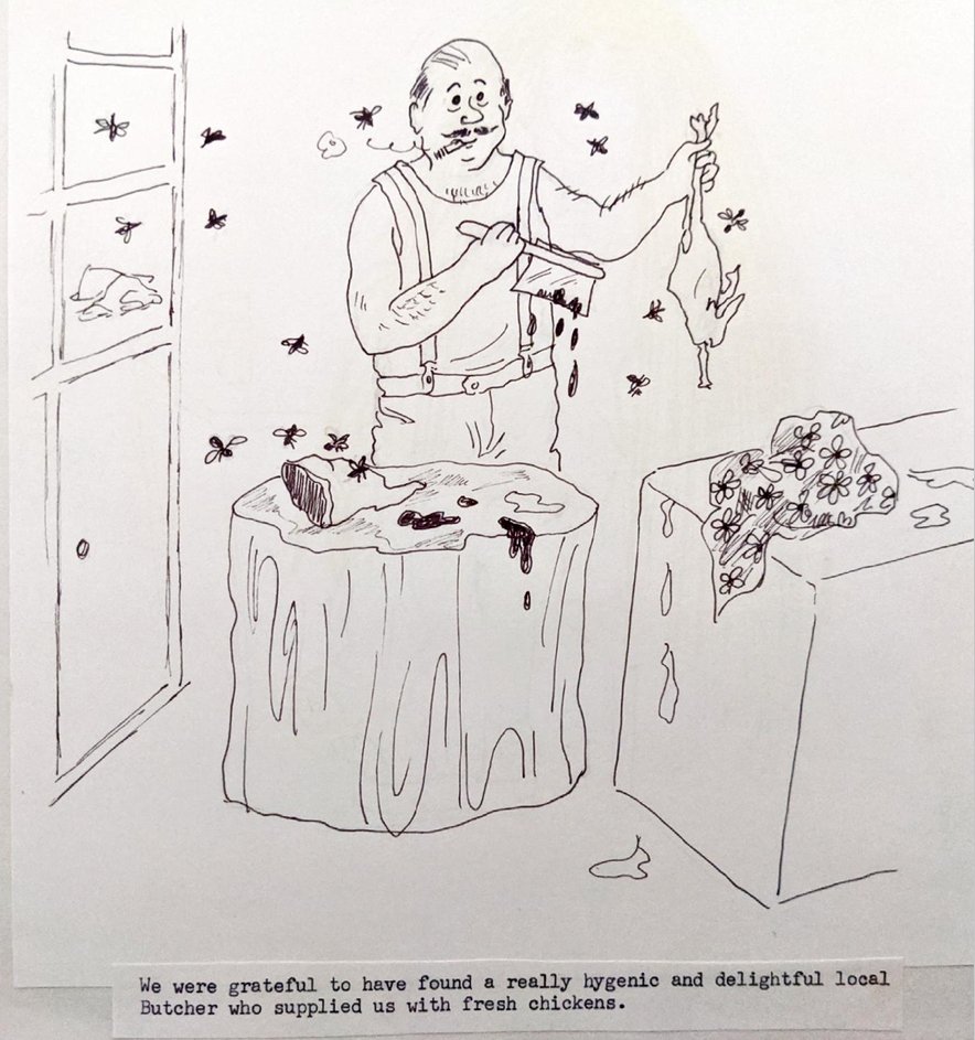 In 1978, my Dad had a heart attack. But by 1981 they'd both recovered from their respective near-death experiences and we had our first family package holiday abroad, to run-down apartments in Corfu with friends. Here are some pages from a cartoon book she made about it...