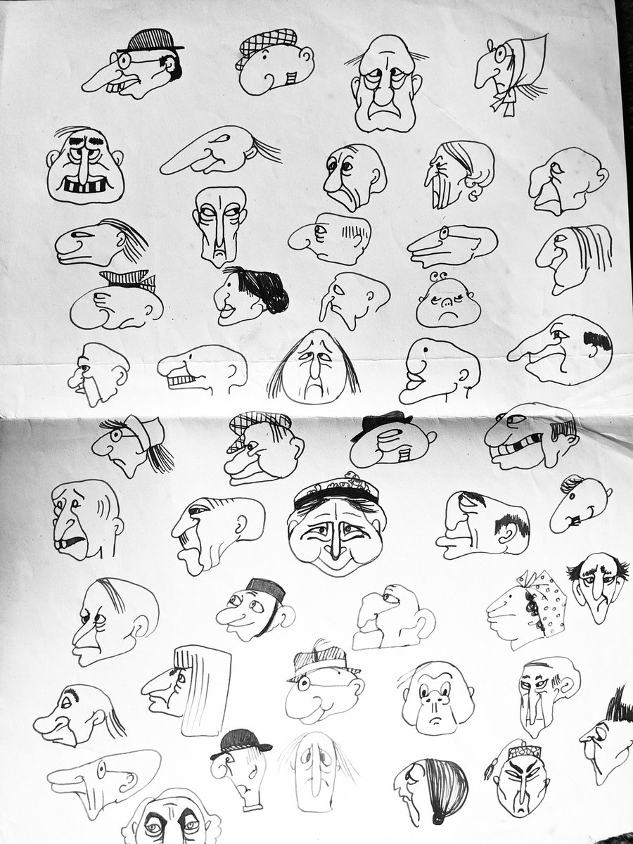 She loved her job and stayed there for more than 20yrs. Fashion art paid the bills, but to entertain colleagues, friends and family (and herself) she drew cartoons. Here's a page of doodled faces I found while rummaging through one of her drawers...