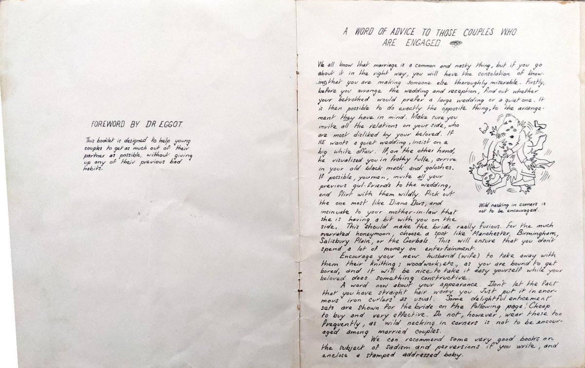 Mum met my Dad in 1953, aged 22. When they got engaged three years later she made him a cartoon parody of a popular BMA advice booklet of the day, "Getting Married". Her wicked sense of humour and before-its-time irreverence really shine through...
