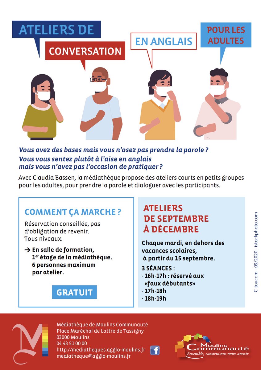 🇬🇧 Speak english à la média 🇬🇧

Les ateliers d’anglais reprennent à la <a href="/MedMoulinsCo/">Médiathèques Moulins Communauté</a>, chaque mardi:
👉16h - 17h (réservé aux faux débutants)
👉17h - 18h
👉18h- 19h

✅ Gratuit - Réservations conseillées 

#agglomoulins #mediatheque #atelier