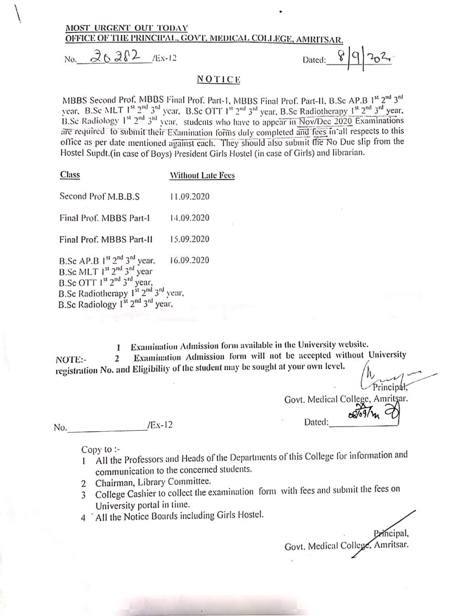 JaspinderDr's tweet photo. Govt have closed the colleges for a REASON and college is calling its MBBS students for deposit of examination forms and fees. If anyone of them gets infected with COVID, who is responsible?? @CMOPb @capt_amarinder @kamalsinghbrar @mandeepnarula12 @karamprakash6 @DrDrnavjotsidhu https://t.co/8VXhKg8lPr