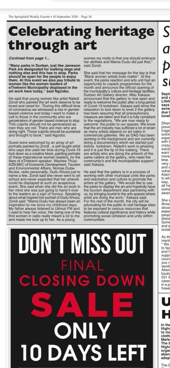 naledi_art's tweet photo. Today's news on the Weeklygazette💃💃💃💃
#nalediart #artinthepark #Artinpark #PRC #DurbanArtGallery https://t.co/ynRsgb2Jiu