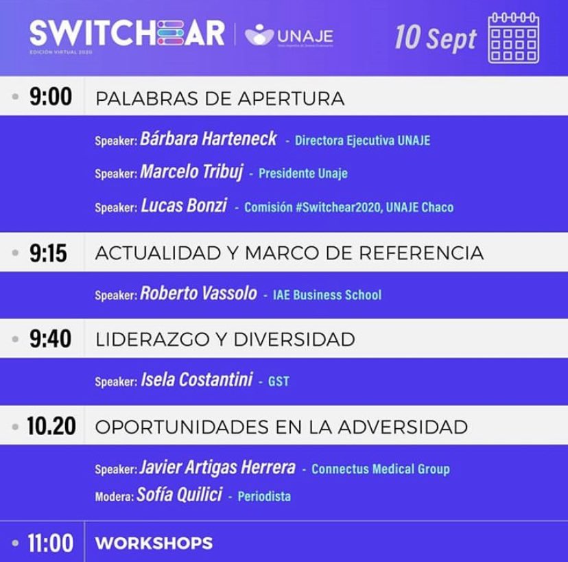 No te pierdas en un ratito #Switchear2020 🙌🏻

Este es el programa de hoy, el DÍA 1!

Por acá comenzará la transmisión a partir de las 9:00: nubecast.net/switchear

GRACIAS @RobertoRvassolo <a href="/iselaconstantin/">isela constantini</a> <a href="/sofiaquilici/">Hacked py Fx :{</a> y <a href="/jartigasherrera/">Javier Artigas Herrera 🇺🇾🇦🇷 🇪🇸</a> por acompañarnos en este día! ✨