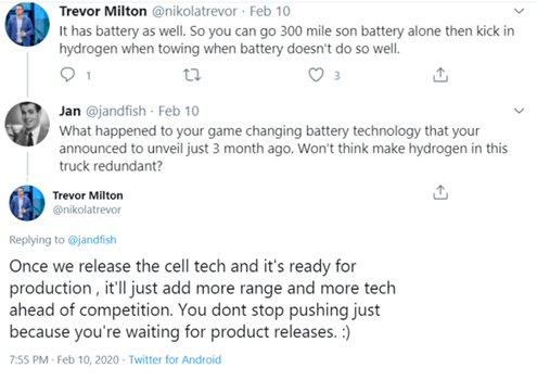  $NKLA has never walked back claims relating to its battery tech. Instead, Milton continued to publicly hype the tech even after becoming aware of the above issues. The revolutionary battery tech never existed – now, Nikola plans to use GM’s battery technology instead.