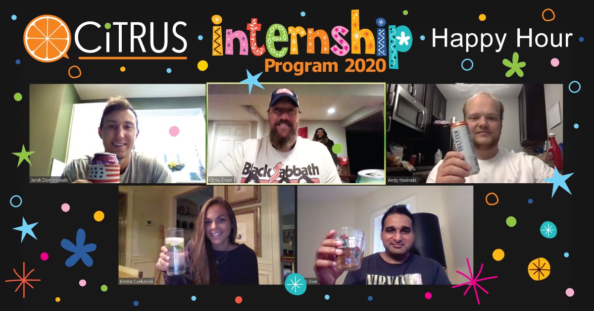 CitrusGlobal's tweet photo. Final virtual Happy Hour with the Citrus Summer Interns combined with our final “Music T-shirt Friday!” What a memorable and productive summer and we wish all of our interns the best of luck in their future endeavors!”  #citrusglobal #pharmaceuticals  #marketaccess #lifesciences https://t.co/gqtP79lsZh