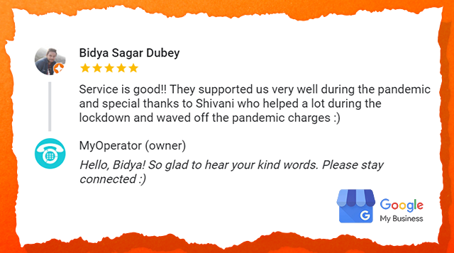 MyOperator's tweet photo. "Service is good!! They supported us very well during the pandemic and special thanks to Shivani who helped a lot during the lockdown and waved off the pandemic charges :)"
—Bidya Sagar Dubey, MyOperator Customer
#MyOperatorCares #CustomerCare #CustomerSupport https://t.co/qaedBlqJGN