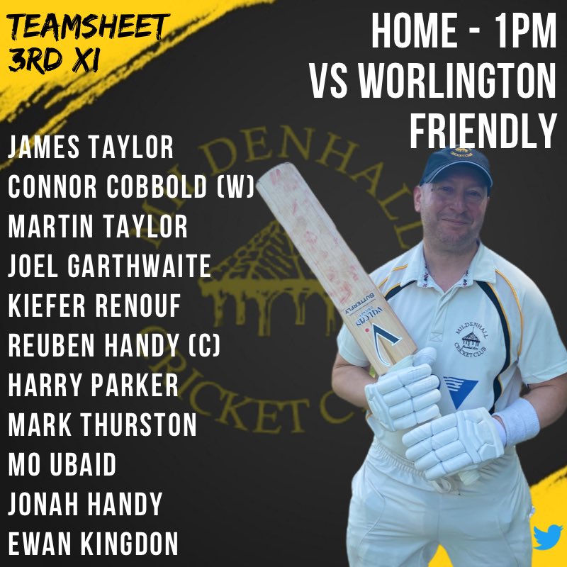 MildenhallCrick's tweet photo. 🏏🏏SATURDAY TEAMSHEETS🏏🏏

#5teams1club #MCC #BlackAndYellow https://t.co/L4d5Ykpdha