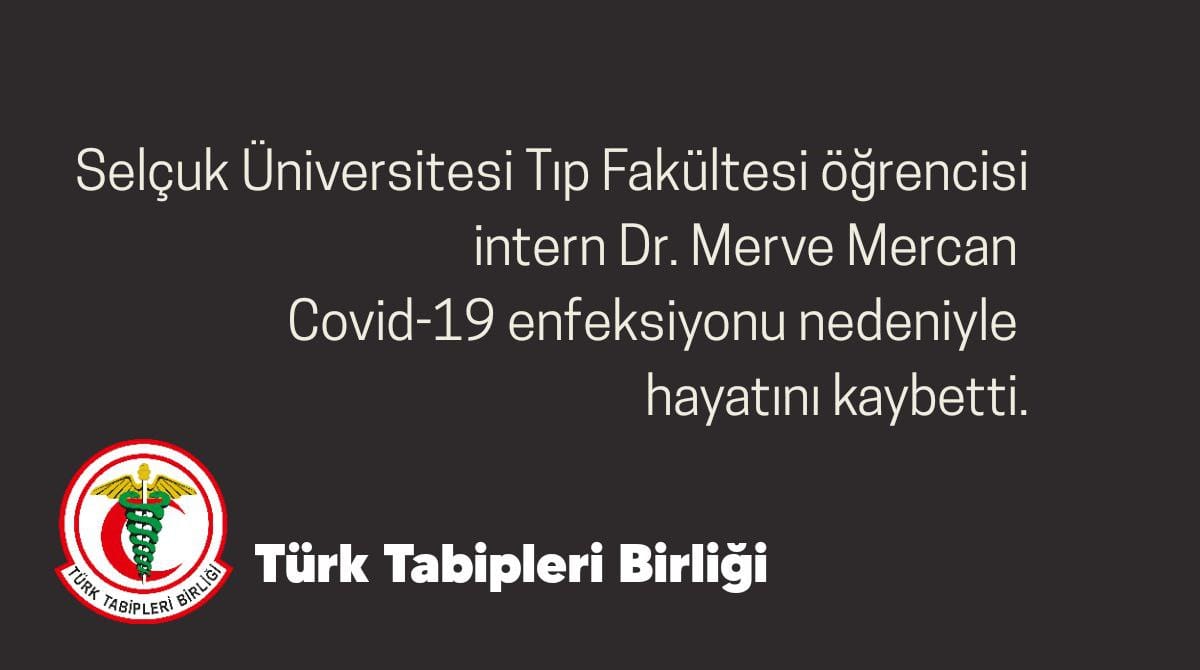 Tıp öğrencileri toplum sağlığının geleceğidir.

Selçuk Üniversitesi Tıp Fakültesi öğrencisi intern Dr. Merve Mercan Covid-19 enfeksiyonu nedeniyle hayatını kaybetti.

Acımız tarifsiz.

Ailesine ve tüm sağlık camiasına başsağlığı dileriz.