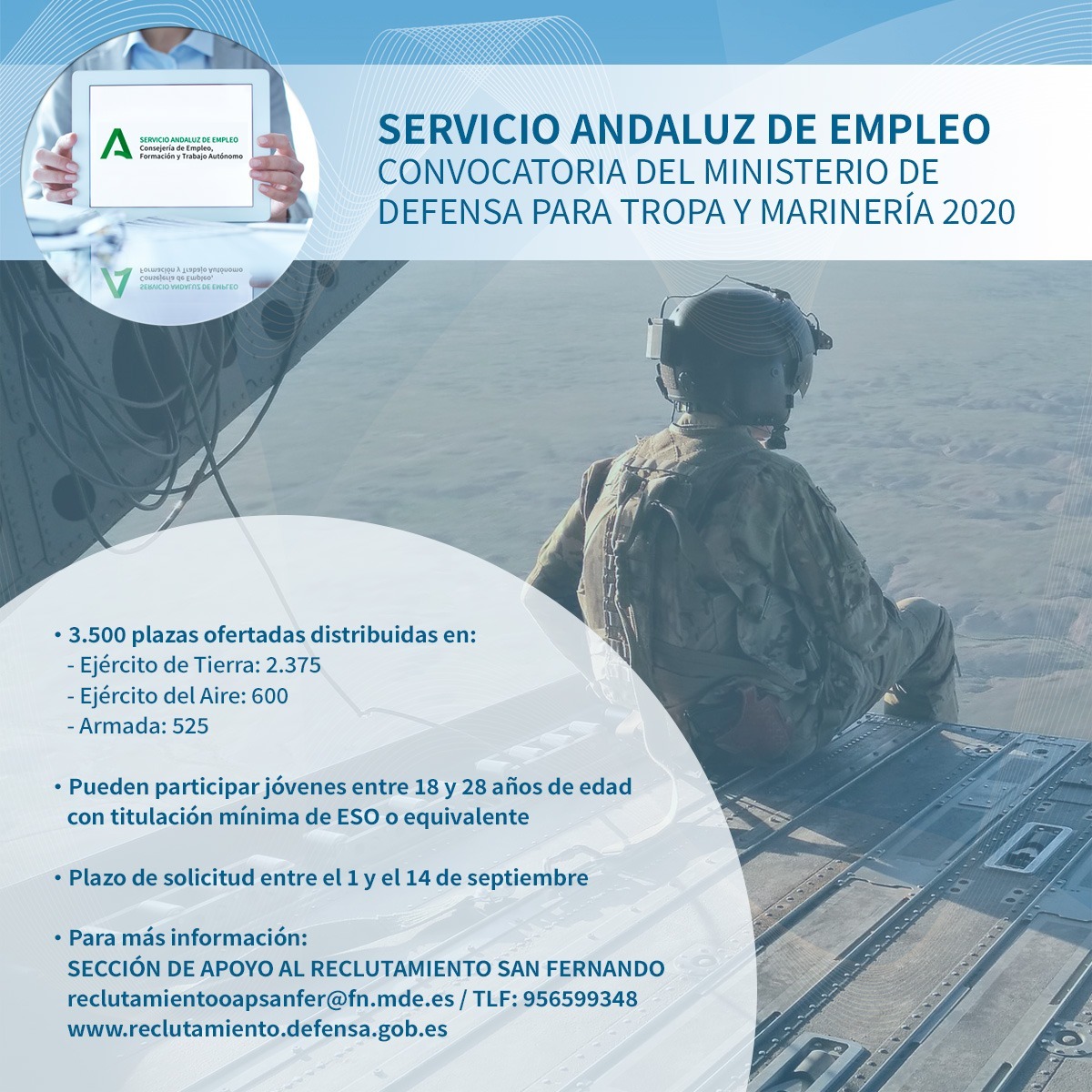 SAEmpleo's tweet photo. Nuevo proceso de selección para incorporación a las escalas de tropa y marinería del Ministerio de Defensa. Se ofertan 3.500 plazas para soldado o marinero dirigida a jóvenes de entre 18 y 28 años, para los Ejércitos de Tierra y Aire y la Armada. Más info https://t.co/l8TGCPKFKq https://t.co/lmk3FSBwHh