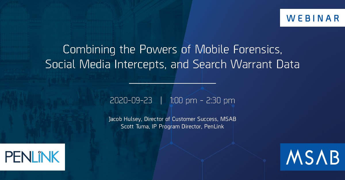 #DFIR: The #MSAB and <a href="/penlink/">PenLink</a> joint #webinar will be a great opportunity for you to learn how to leverage data from #mobileforensics, social media intercepts and search #warrantreturns. Join the live webinar on Wednesday, Sep 23, 2020 1:00-2:30pm Eastern. ow.ly/UQea50BlLhr