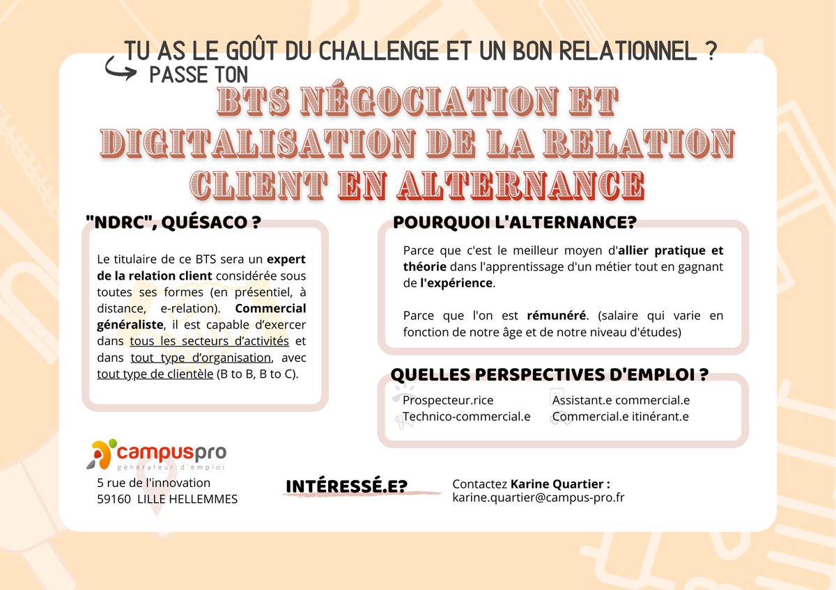 📌 Tu as le goût du challenge et un bon relationnel ?

📌 Pourquoi ne pas t'inscrire en BTS NÉGOCIATION ET DIGITALISATION DE LA RELATION CLIENT en ALTERNANCE chez CAMPUS PRO ?

#formationpro #btsndrc #alternance #campuspro #recrutement