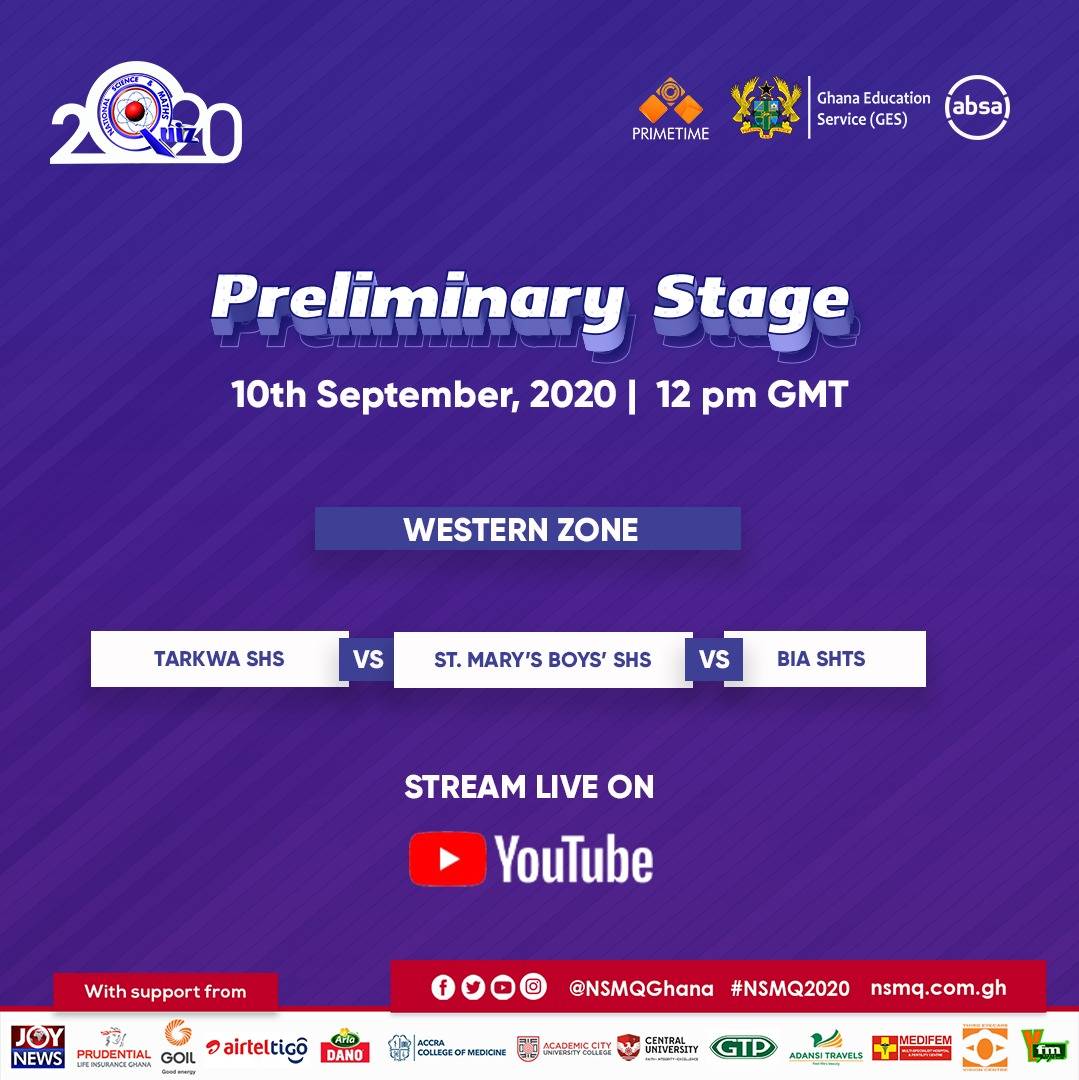 NSMQGhana's tweet photo. We are on! Watch the second contest of the #WesternZone live on our YouTube channel. Which of the schools is your bet on?
#NSMQ2020 #Prelims #Primetime https://t.co/6bjnLfrCG5