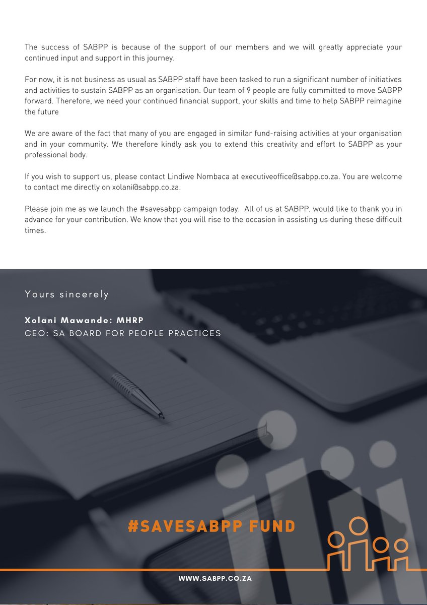 SABPP1's tweet photo. #SAVESABPP
Please join us as we launch the #SaveSABPP campaign. All of us at SABPP would like to thank you in advance.
If you wish to support us, please contact Lindiwe Nombaca at executiveoffice@sabpp.co.za. You are welcome to contact me directly on xolani@sabpp.co.za. https://t.co/LBUPcABWyr