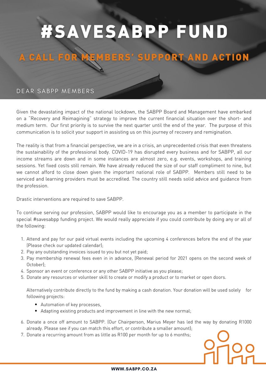 SABPP1's tweet photo. #SAVESABPP
Please join us as we launch the #SaveSABPP campaign. All of us at SABPP would like to thank you in advance.
If you wish to support us, please contact Lindiwe Nombaca at executiveoffice@sabpp.co.za. You are welcome to contact me directly on xolani@sabpp.co.za. https://t.co/LBUPcABWyr
