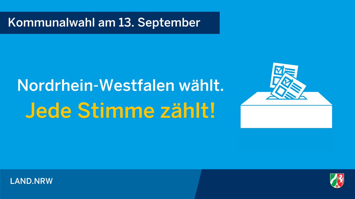 #NRW wählt🗳️- jede Stimme zählt!
Am Sonntag (13. September) wählen Bürgerinnen &amp; Bürger in Nordrhein-Westfalen mit ihrer Stimme die Räte von Städten und Gemeinden, Bezirksvertretungen, Kreistage, Bürgermeister, Oberbürgermeister und Landräte. #wählengehen #Kommunalwahl2020