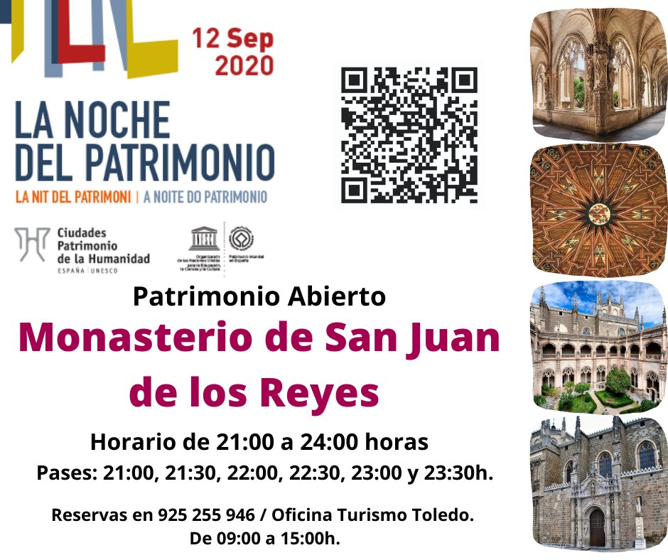 😍Recuerda que para visitar los espacios turísticos y patrimoniales que abrirás sus puertas este sábado en #LaNocheDelPatrimonio es necesario que realices tu reserva. Los aforos se han reducido al 50% y en base a ello se han establecido los pases.
👉 turismo.toledo.es/wp-content/upl…