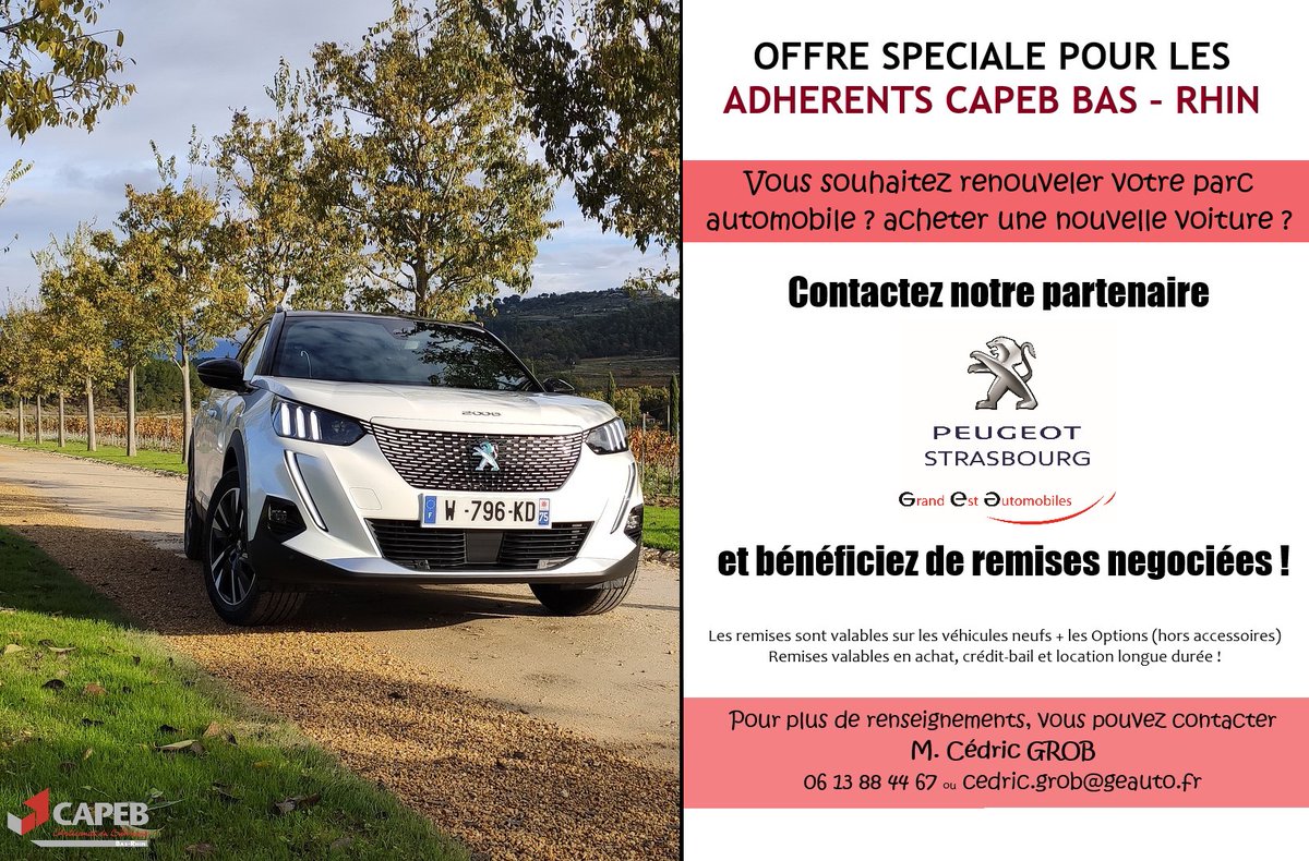 On vous présente notre partenaire : GRAND EST AUTOMOBILES PEUGEOT STRASBOURG HOENHEIM - PEUGEOT RESEAU
Vous souhaitez renouveler votre parc automobile ou changer de voiture ?
Contactez M. Cédric GROB au 06 13 88 44 67 ou par email cedric.grob@geauto.fr
#peugeot
#capeb
#voiture
