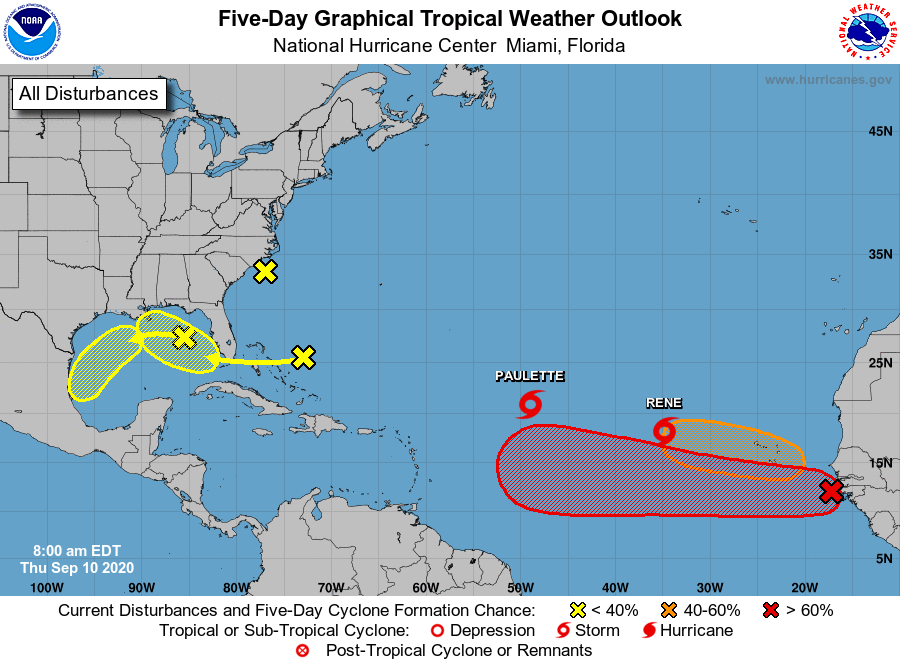 This is what September 10, the peak of the hurricane season, looks like! We are monitoring 7 systems in the Atlantic, including Tropical Storms #Paulette and #Rene. The tropical waves in the eastern Atlantic have the highest chances of formation. nhc.noaa.gov/gtwo.php?basin…