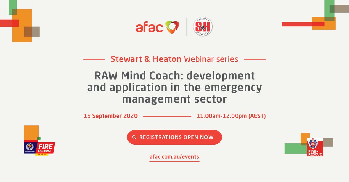Our Stewart &amp; Heaton event is moving online in 2020 to continue the conversation about mental health and the fire and emergency services.

Join Brendan Mott and Traci Carse (FRNSW) and Dr Sadhbh Joyce (Black Dog Institute) for this free webinar. Register: afac.com.au/meetings/meeti…