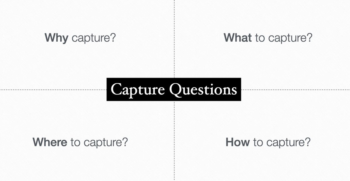 To feed your second brain, set up capture systems.To help you guide the setup of your system, ask:• Why capture?• What to capture?• How to capture?• Where to capture?